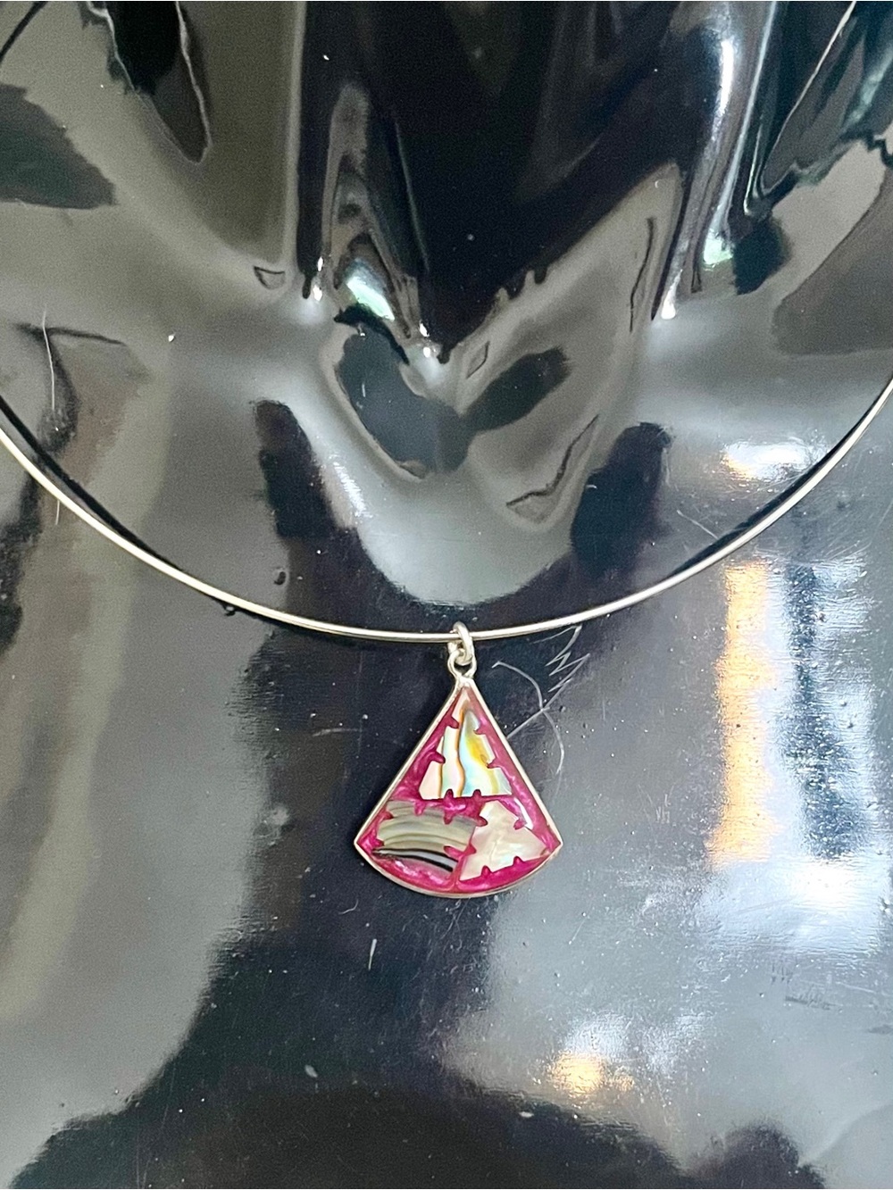 Upcycled Alpaca Mexico Vintage Abalone Inlay Silver Pendant Choker Necklace